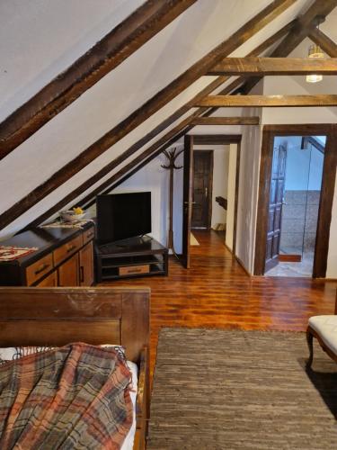 salon z telewizorem z płaskim ekranem na poddaszu w obiekcie Casa Huber w mieście Cîrţa