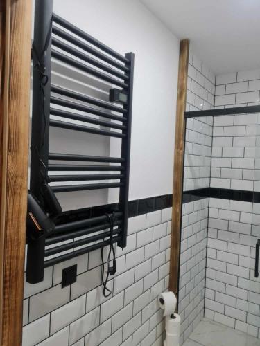 a bathroom with a toilet paper dispenser on the wall at Apartamenty Quattro in Stronie Śląskie