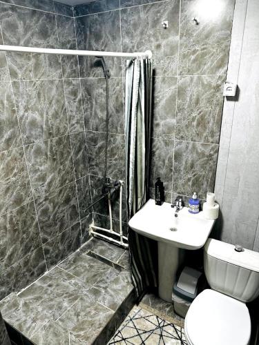 La salle de bains est pourvue d'une douche, de toilettes et d'un lavabo. dans l'établissement Независимости 5а, à Sätbaev
