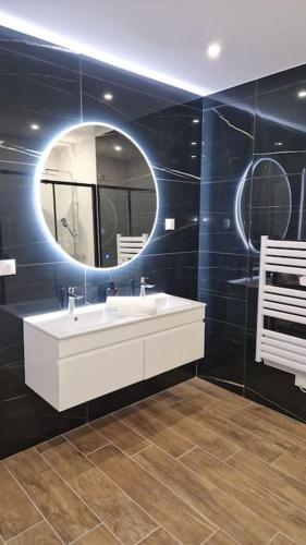 a bathroom with a sink and a mirror at Spa des ducs loft 2 in Bar-le-Duc