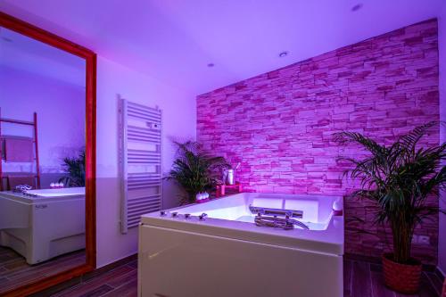 uma casa de banho com uma banheira e uma parede de tijolos em Éden Spa & Cinéma em Les Essarts-le-Roi