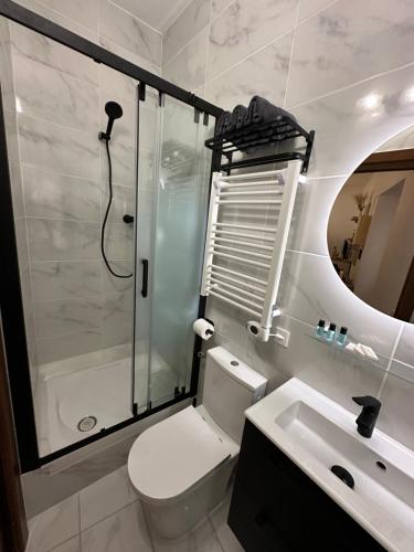 une salle de bain avec une douche, des toilettes et un lavabo dans l'établissement Capodanna, à deux pas des plages au cœur de la vieille ville, à Menton