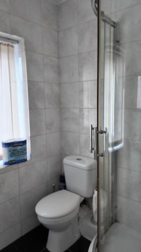 a bathroom with a toilet and a glass shower at *Modern 1 bedroom Apt next to centre* in Leeds