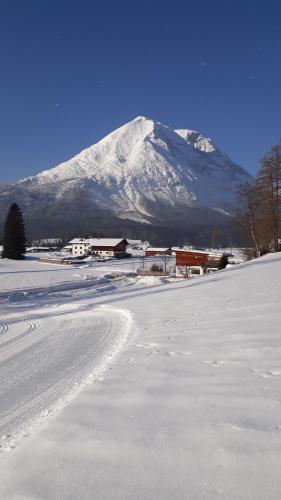 ein schneebedecktes Feld mit einem Berg im Hintergrund in der Unterkunft Haus am Lärchenhang, Fewo5 in Leutasch