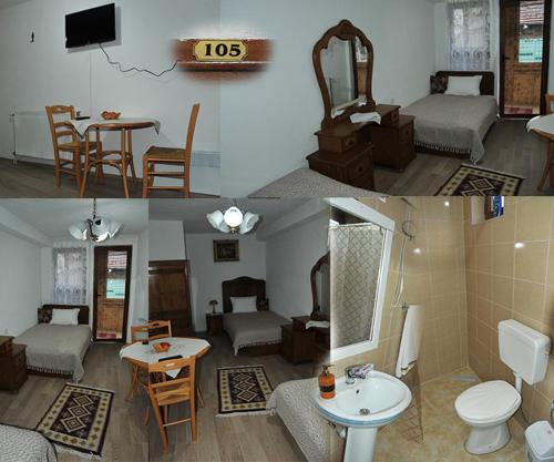 2 fotos de una sala de estar y un baño en Etno kuca-Vila, en Štrpce