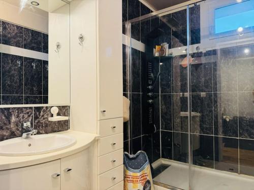ein Bad mit einem Waschbecken und einer Glasdusche in der Unterkunft L’appartement du Petit Prince in Vélizy-Villacoublay