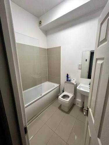 a white bathroom with a toilet and a sink at Leicester spacious flat with free parking in Leicester