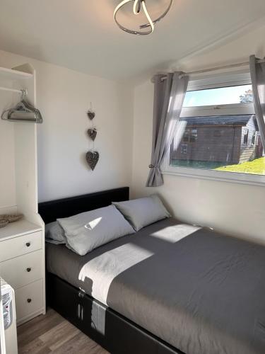um pequeno quarto com uma cama e uma janela em Padstow Lodge em Padstow