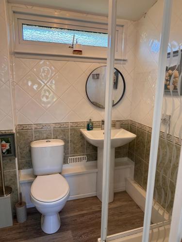 uma pequena casa de banho com WC e lavatório em Padstow Lodge em Padstow