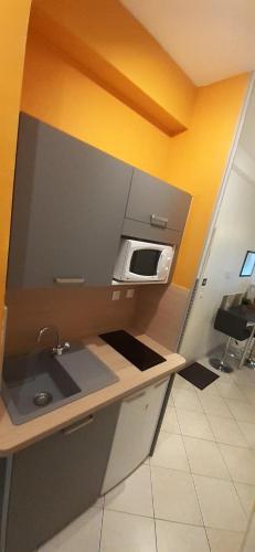 a kitchen with a sink and a microwave at Agréable studio st omer in Saint-Omer