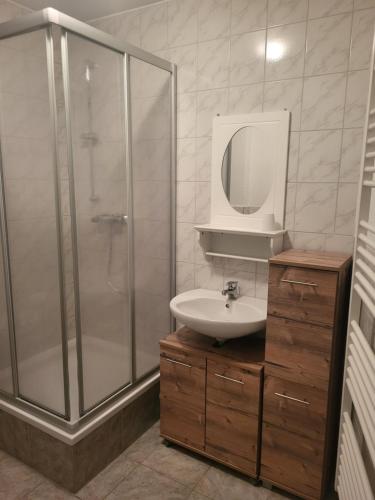 y baño con lavabo y ducha con espejo. en Apartment - Gästewohnung - Unterkunft Monteure, en Chemnitz