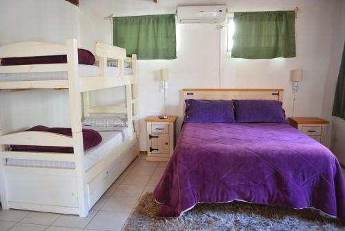 1 Schlafzimmer mit 2 Etagenbetten mit lila Bettwäsche in der Unterkunft Posada Santa Rita in Colonia del Sacramento