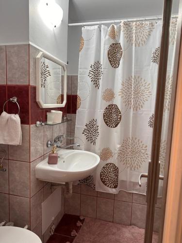 ein Bad mit einem Waschbecken und einem Duschvorhang in der Unterkunft UrbanEscape in Onești