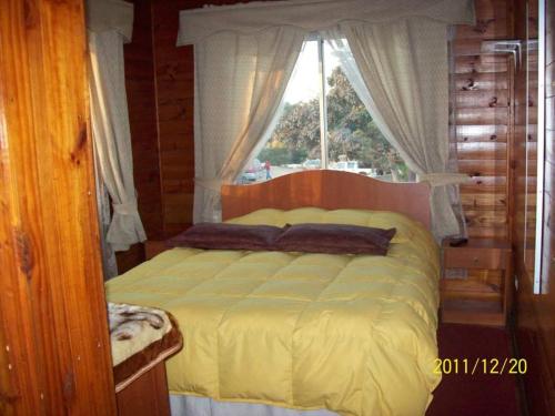 1 dormitorio con cama amarilla y ventana en Hosteria Algarrobo en San Antonio