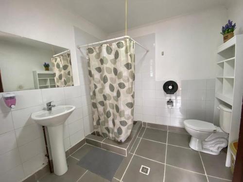 uma casa de banho com um lavatório, um WC e uma cortina de chuveiro. em Hostal La Casona em Papudo