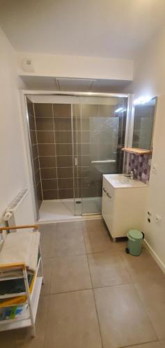 uma pequena casa de banho com um chuveiro e um lavatório. em T2 au cœur du bassin d'arcachon em Gujan-Mestras