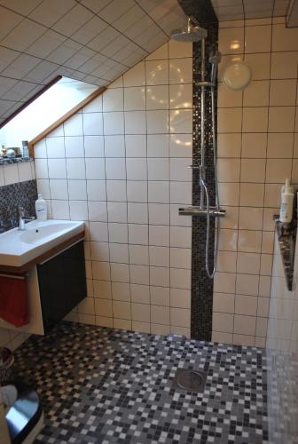 a bathroom with a shower and a sink at Villa Berkle in Stockholm