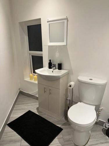 a bathroom with a toilet and a sink and a mirror at 2 bed Apartment in Chapeltown in Roundhay