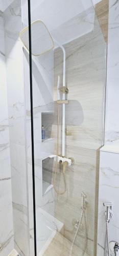 een douche met een glazen deur in de badkamer bij Bllok Scandi Urban Apartments 1 in Tirana
