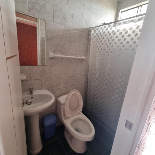uma casa de banho com um WC e um lavatório em Mallorca em Punta Hermosa