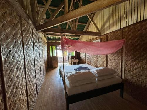 a bedroom with a bed with a mosquito net at Liberty's Lodge and Diving - Apo Island in Dumaguete