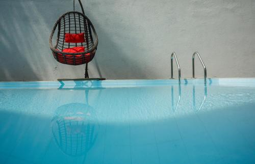 a basket with a red item in it sitting in a pool at Villa Windfall Unawatuna in Unawatuna