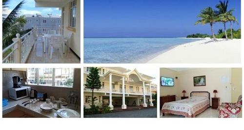 four different pictures of a house on the beach at Alpha Villa in Flic-en-Flac