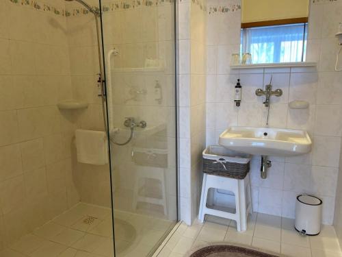 a bathroom with a shower and a sink at Samoobslužný hotel Vydra in Srní