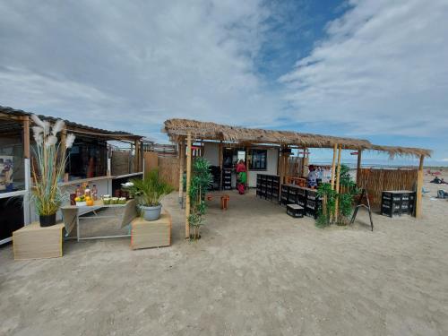 un restaurante en la playa con plantas en la arena en Haus Strandkorb Bensersiel, en Bensersiel