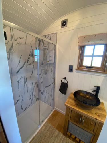 a bathroom with a shower and a sink at Luxury Shepherd Hut in Kelham