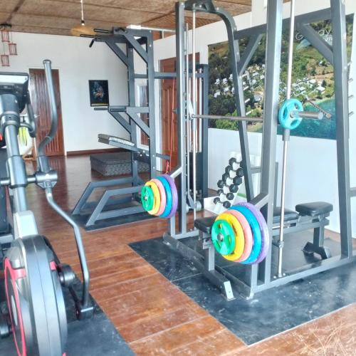 a gym with two treadmills and weights at The Gabayan Riviera in Siquijor