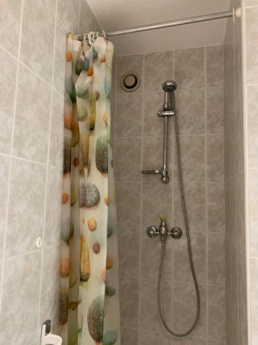 une douche avec un rideau de douche avec des coquillages dans l'établissement Studio Naturiste BIRD Port Soleil 442, au Cap d'Agde