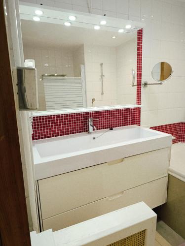 a bathroom with a white sink and a mirror at Liège centre 13 Quai Godefroid Kurth POUR 2 PERS à 25 min gare Guillemins in Liège