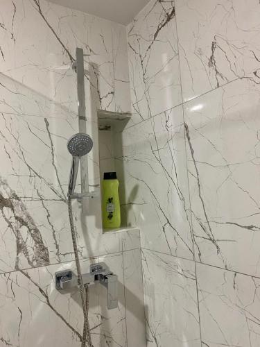 a bathroom with a shower with aige soap dispenser at Élégance en 40 mètres Nouaceur in Nouaceur
