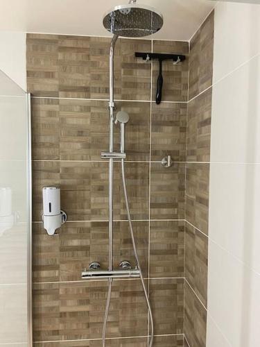 une salle de bain avec une douche avec une porte vitrée dans l'établissement Appartement 3 salles de bains 3 chambres 6 personnes, à Limoges