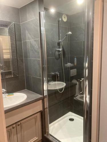 une salle de bain avec douche et lavabo dans l'établissement Appartement Brides Confort, à Brides-les-Bains