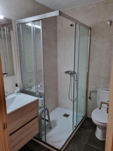 La salle de bains est pourvue d'une douche, d'un lavabo et de toilettes. dans l'établissement El Niu Dels Ocells, à Sant Joan de les Abadesses