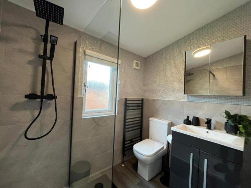 y baño con aseo, lavabo y ducha. en The Luxurious Langdale 6 Lodge at Park Dean White Cross Bay, Lake Windermere en Windermere