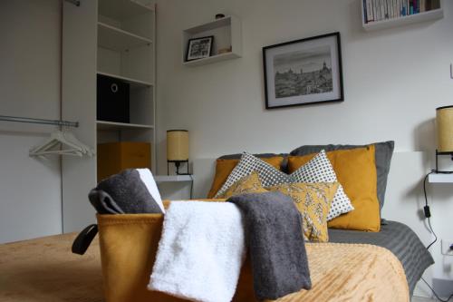 uma sala de estar com um sofá com almofadas em Dolce Vita Millau em Millau