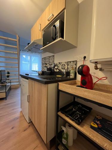 une cuisine avec un évier et un micro-ondes dans l'établissement Appartement cosy à Cholet, à Cholet