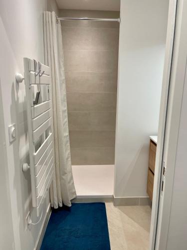 une douche à l'italienne avec un tapis bleu dans une salle de bain dans l'établissement L'éclipse - T4 sur le port du Pouliguen, au Pouliguen