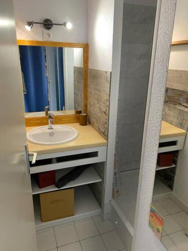 une salle de bain avec un lavabo et un miroir dans l'établissement Appart à 200m de la plage, à Sète