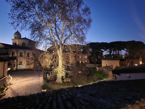 un albero di fronte a un edificio con luci sopra di DOMUS GALLA PLACIDIA - superlative view - 50 meters from the UNESCO heritage sites - San Vitale - Galla Placidia a Ravenna