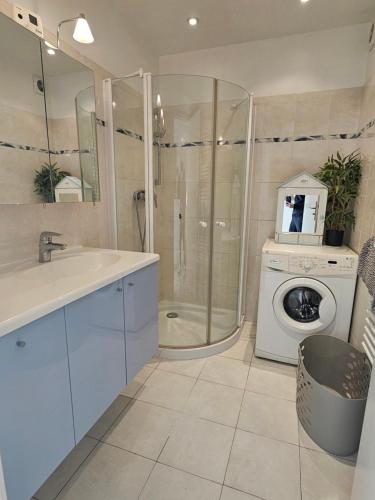uma casa de banho com um lavatório e uma máquina de lavar roupa em Villefranche center Bay & Port Sea view front em Villefranche-sur-Mer