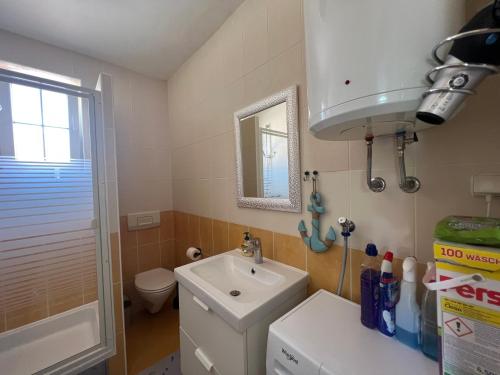 ein kleines Bad mit einem Waschbecken und einem WC in der Unterkunft Apartments Alić in Medulin