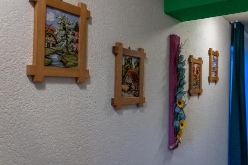 a wall with three picture frames on it at ȘURA LU' PĂTRU in Vulcan