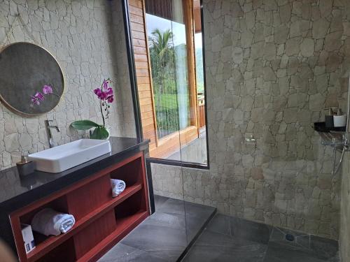 a bathroom with a sink and a mirror at MAYURA BALI VILLA in Munduk