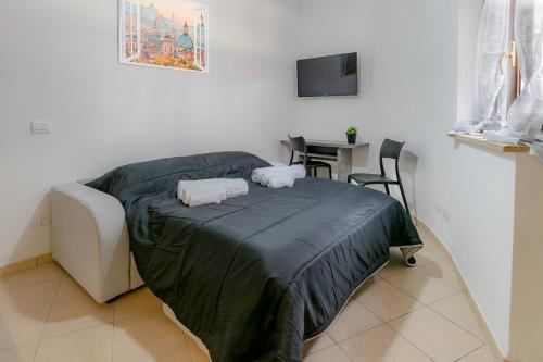 - une chambre avec un lit, une table et une télévision dans l'établissement Appartamento a pochi passi dalla metro, con ingresso privato, à Rome