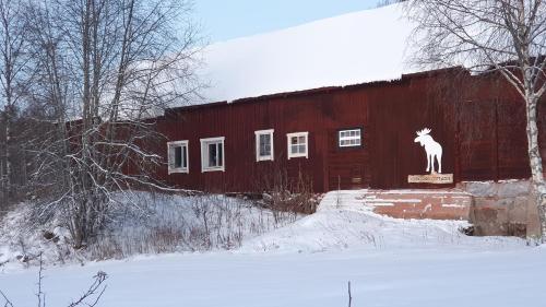 a red barn with a statue of a cat on it at Vikinggård Cottages in Höljes