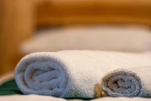 a roll of toilet paper sitting on top of a bed at ȘURA LU' PĂTRU in Vulcan